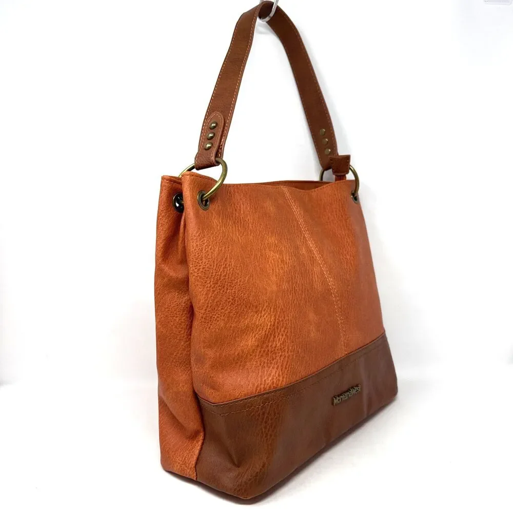 Montana West Hobo Tote Shoulder Bag Orange Brown Faux Leather Equestrian Lined